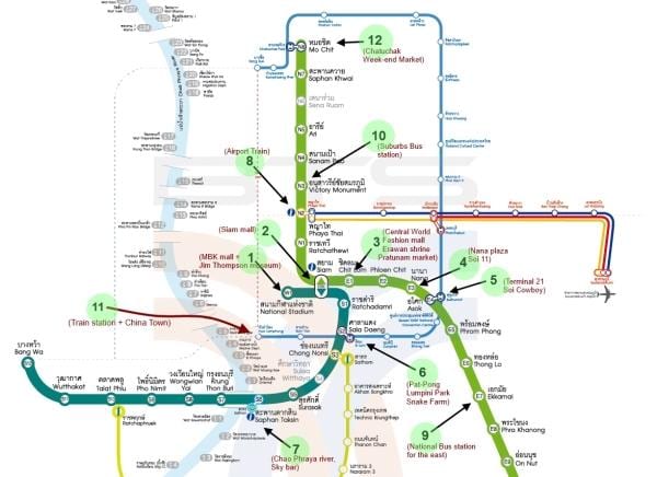 Karte der bangkok bts-Landkarte mit Sehenswürdigkeiten